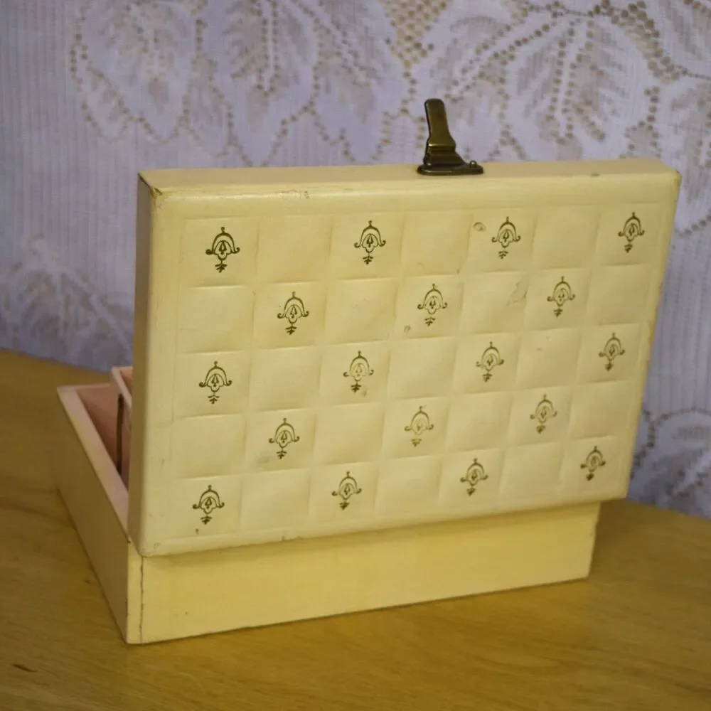 Vintage Jewelry Box Organizer Beige MCM Pink Satin Lined 2 Tier Cottage Glam